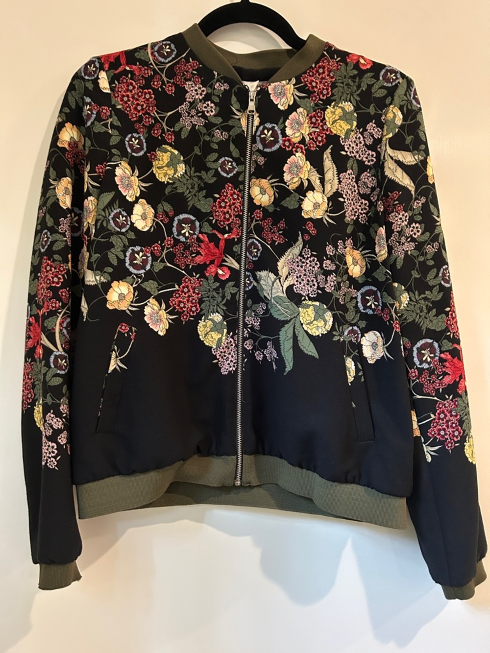 Black Floral Bomber Jacket with Olive Trim